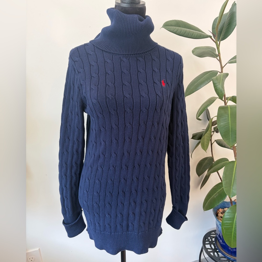 Vintage Ralph Lauren Sport Cable Knit Turtleneck Sweater Navy Size M